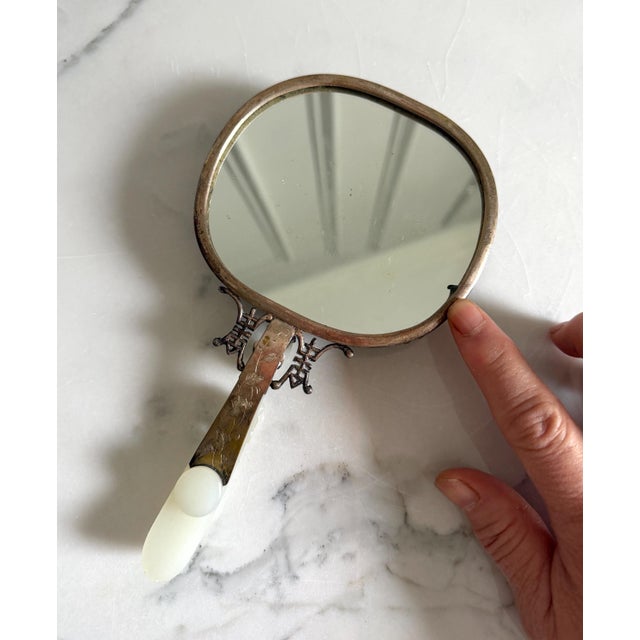 Jade Antique 19th Century Chinese Carved Jade-Mounted and Bejeweled & Repoussé Silver Tone Metal Back Hand Mirror 7.3"x4" For Sale - Image 8 of 13