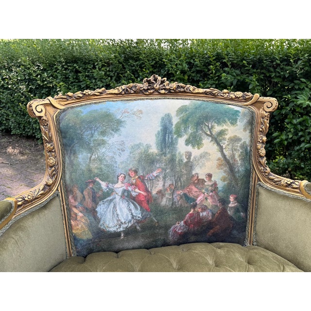 Wood 1960s French Louis XVI Gold Beech Green Velvet Loveseat 1 Pc For Sale - Image 7 of 13