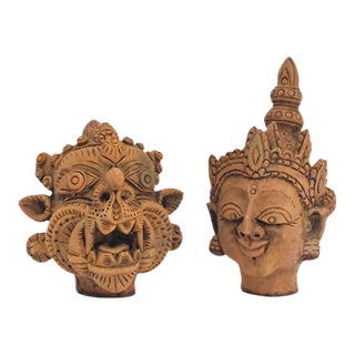 Mid-20th Century Thai Ramakien-Style Terracotta Character Busts, Pair For Sale