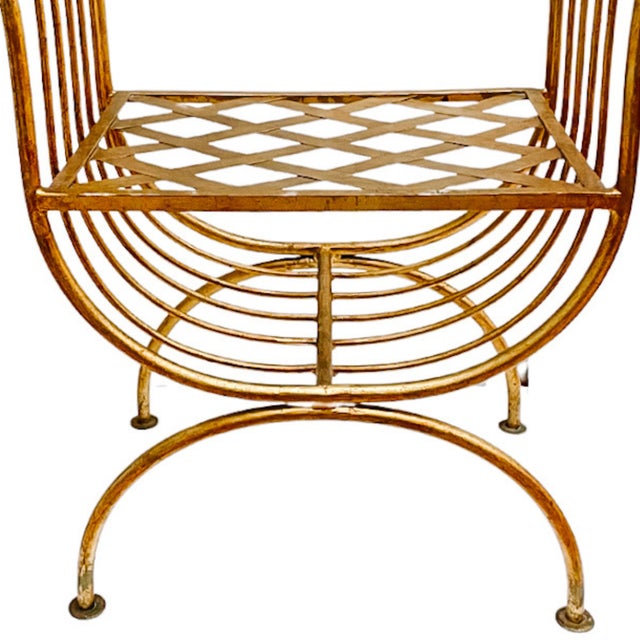 Metal 1960 Italian Hollywood Regency Gilt Wrought Iron Curule Vanity Bench For Sale - Image 7 of 8
