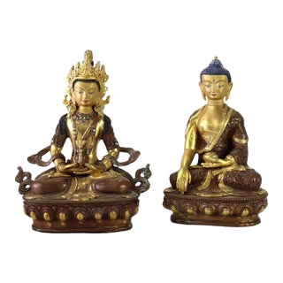 Two Bronze Buddhas: Medicine Buddha & Aparmita Buddha of Infinite Life C1920 For Sale