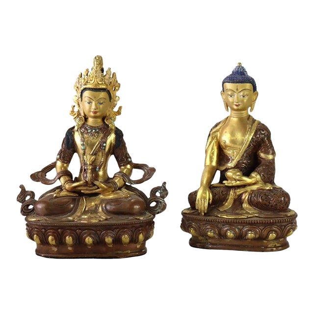 Two Bronze Buddhas: Medicine Buddha & Aparmita Buddha of Infinite Life C1920 For Sale