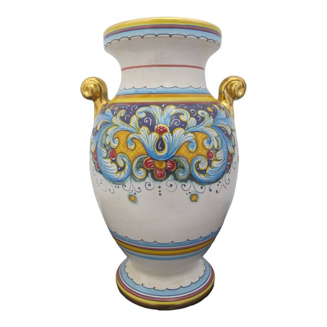 Gialletti Deruta Italian Majolica Pottery Brightly Hand Painted & Gold Urn Vase For Sale