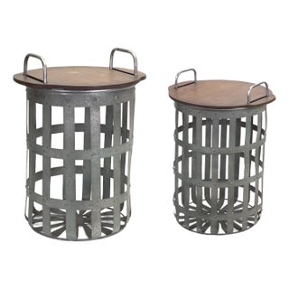 Metal and Wood Side Basket Tables (Set of 2) For Sale