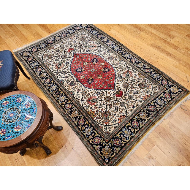 Vintage Qum Area Rug, Hand-Knotted Wool & Silk, Floral Medallion Pattern, 5x7, Ivory & Red For Sale - Image 11 of 18