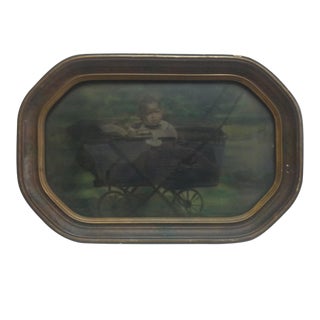 Circa 1900 "Little Baby in a Stroller" Bubble Glass Antique Color Photograph, Framed For Sale