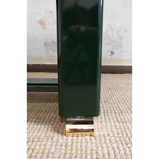 1970s Green Lacquered Console Table with Leather Top and Brass Details, 1970s For Sale - Image 5 of 8