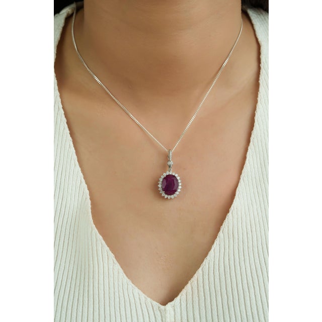 Ruby Red 8.69Ct Oval Cut Ruby & Diamond Halo Contemporary Pendant in 14k White Gold For Sale - Image 8 of 14