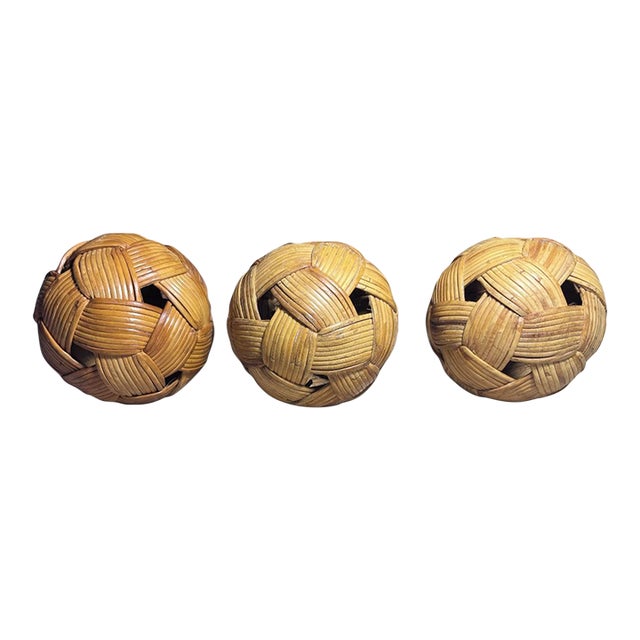 1970s Handwoven Rattan Decorative Spheres – Set of 3 For Sale