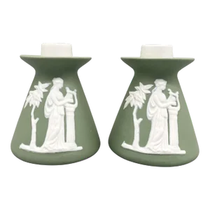 20th Century English Style Green Jasperware Candle Holder- a Pair