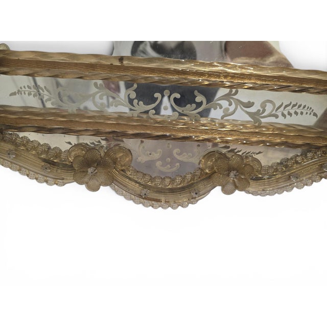 Gold Venetian Murano Glass Wall Mirror with Floral Engraving and Amber Details, 1950 For Sale - Image 8 of 11