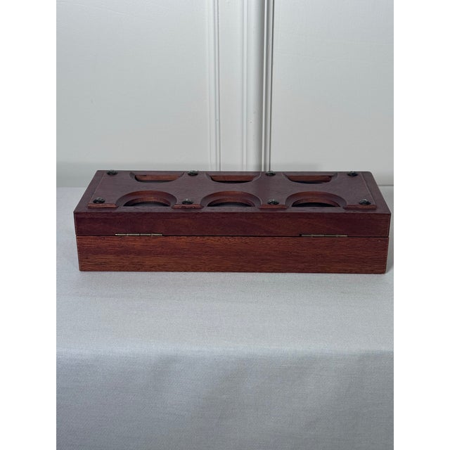 Wood 20thC. Mid Century Modern Japanese Black Leather, Brass Nails & Solid Cherry Wood Valet Lidded Box For Sale - Image 7 of 11
