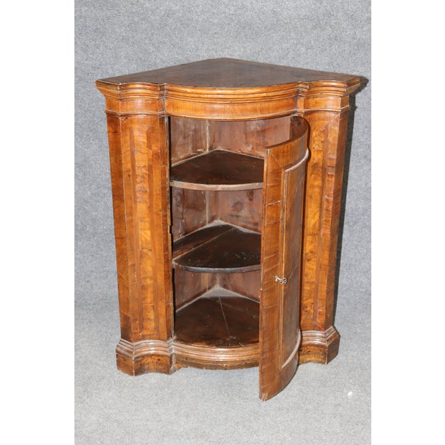 Fine Antique 1780s Italian Burled Walnut Primitive Corner Cabinet Rustic Lock For Sale - Image 11 of 12