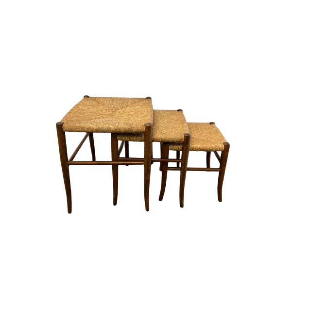 Vintage Mid Century Piazza Original Italian Set of 3 Rush Seat Nesting Stools/Tables, Attributed to Gio Ponti For Sale In Chicago - Image 6 of 17