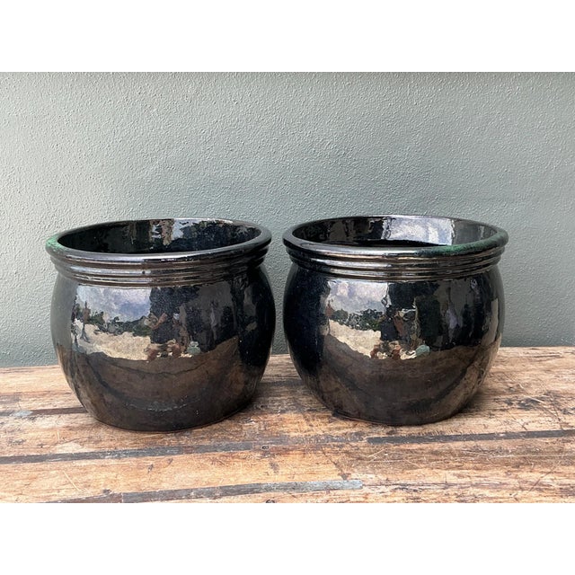 Mid-Century Modern Vintage Ceramic Planters in Black Over Green Glaze - Set of 2 For Sale - Image 3 of 17