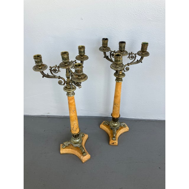 REDUCED TO SELL. Fabulous pair of candelabras in bronze and giallo yellow marble. This pair is in the Louis Phillipe...