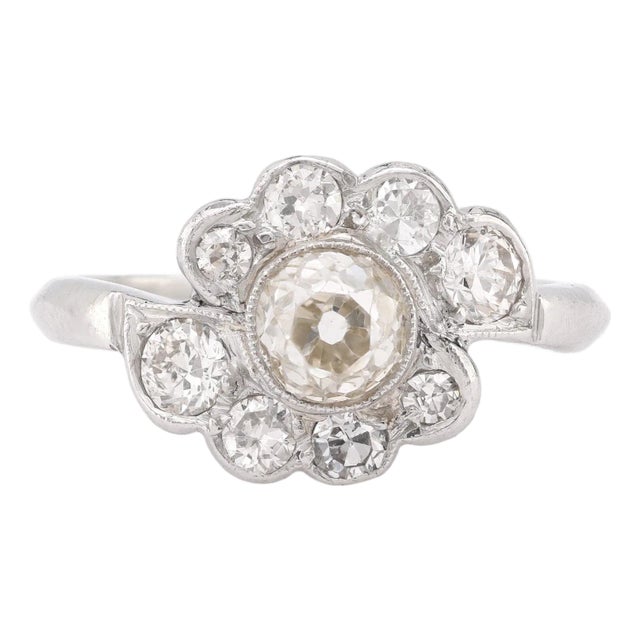 1960s Mid Century .99 Carat Diamond Platinum Flower Cluster Ring, Size 6 For Sale