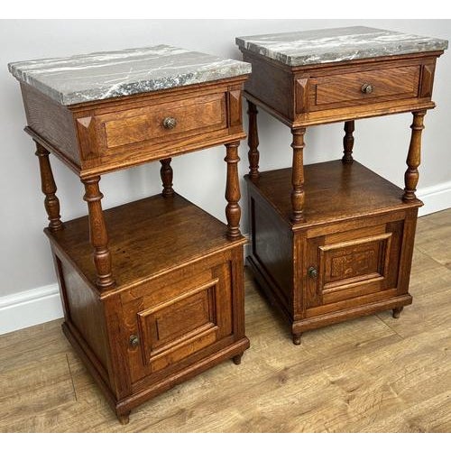 French Bedside Tables with Marble Top in Oak, Set of 2 For Sale - Image 3 of 14