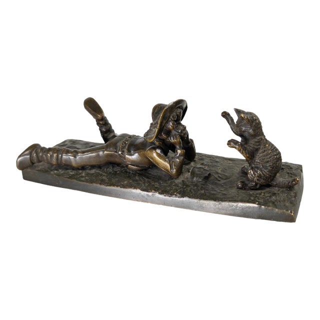 19th Century French Bronze of a Boy Fascinated by a Cat, Signed Durand For Sale