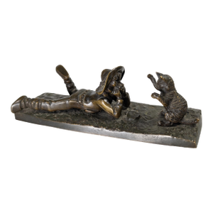19th Century French Bronze of a Boy Fascinated by a Cat, Signed Durand