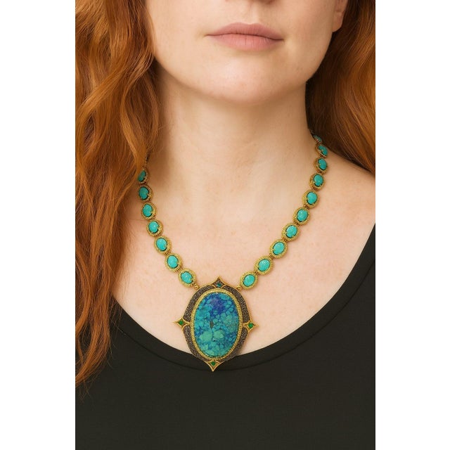 Bochic "Capri" Vintage Diamonds, Emeralds & Turquoise Necklace Set In 18K & Silver For Sale - Image 14 of 18