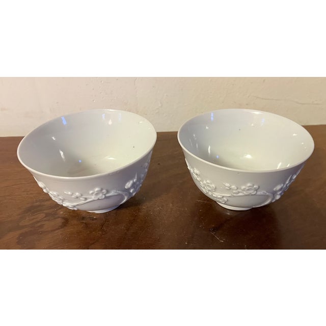 Antique 19th Century Chinese Export Blanc De Chine Porcelain Tea Cups or Bowls With Relief Molded Flowering Prunus Branches - A Pair For Sale In New York - Image 6 of 12