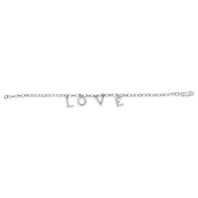 Contemporary 10k White Gold 1/6 Cttw Diamond "Love" Charm Cable Chain Bracelet (H-I Color, I1-I2 Clarity) - 7" For Sale - Image 3 of 5
