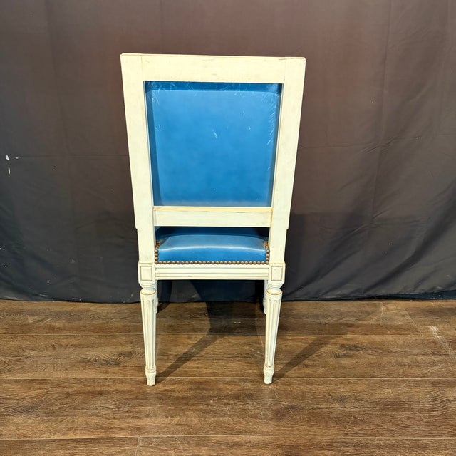 French Louis XVI White Painted Blue Leather Dining Chairs -Set of 8 For Sale - Image 11 of 12