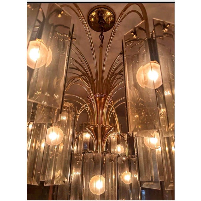 Mid-Century Modern Grand-Scale 1970s Smoked Glass and Brass 22-Light Waterfall Chandelier For Sale - Image 3 of 9