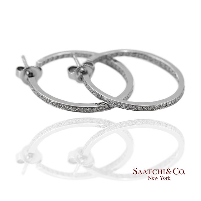 Contemporary 18k 750 Solid White Gold in and Out Natural Diamond Hoop Earrings, Pair For Sale - Image 3 of 13