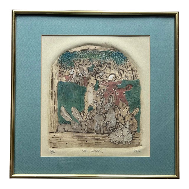 Vintage Hand Colored Etching of Animals Deer and Rabbits For Sale