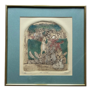 Vintage Hand Colored Etching of Animals Deer and Rabbits