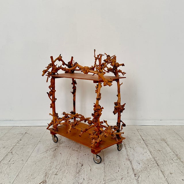 1960s Mid-Century Bar Cart in Brown Burl, Plywood and Root Wood, 1960s For Sale - Image 5 of 14