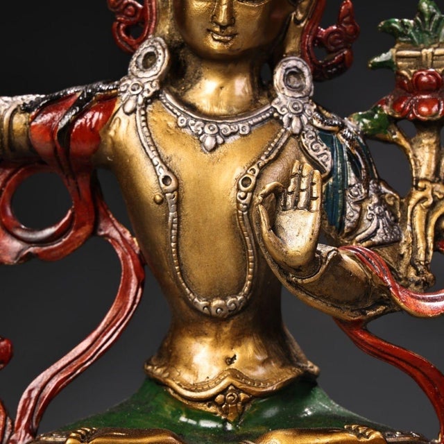 Late 20th Century Late 20th Century Gilt Bronze Manjushri Statue Bodhisattva Sword Lotus Sculpture 7.9" For Sale - Image 5 of 9
