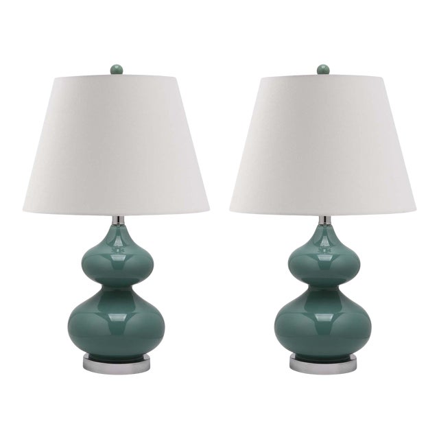 24 Inch H Double Gourd Glass Table Lamp in Marine Blue - a Pair For Sale