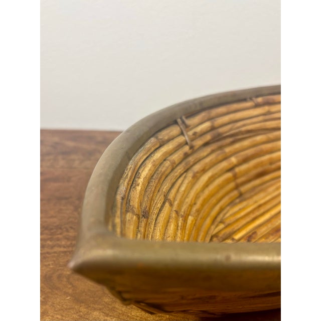 1950s Italian Riviera Sculptural Rattan Bowl With Solid Brass Trim For Sale - Image 9 of 10