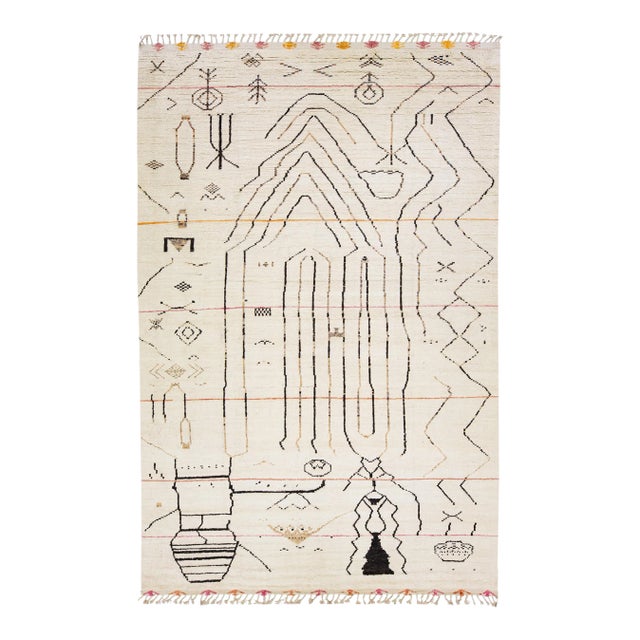 Ivory Moroccan Berber Style Handmade Abstract Wool Rug For Sale