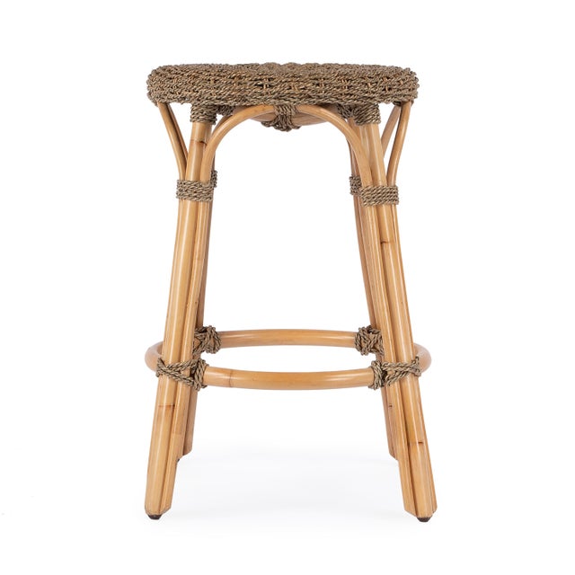 Transitional Tobias 24 in. Seat Height Round Rattan Backless Counter Stool, Khaki Brown For Sale - Image 3 of 6