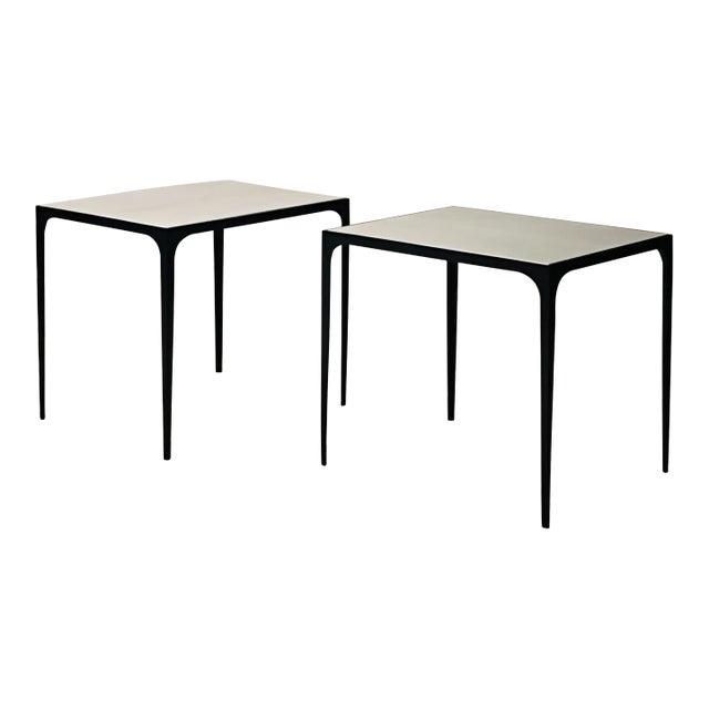 Pair of 'Diagramme' Blackened Iron and Travertine End Tables by Design Frères For Sale