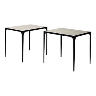 Pair of 'Esquisse' Blackened Iron and Travertine End Tables by Design Frères For Sale