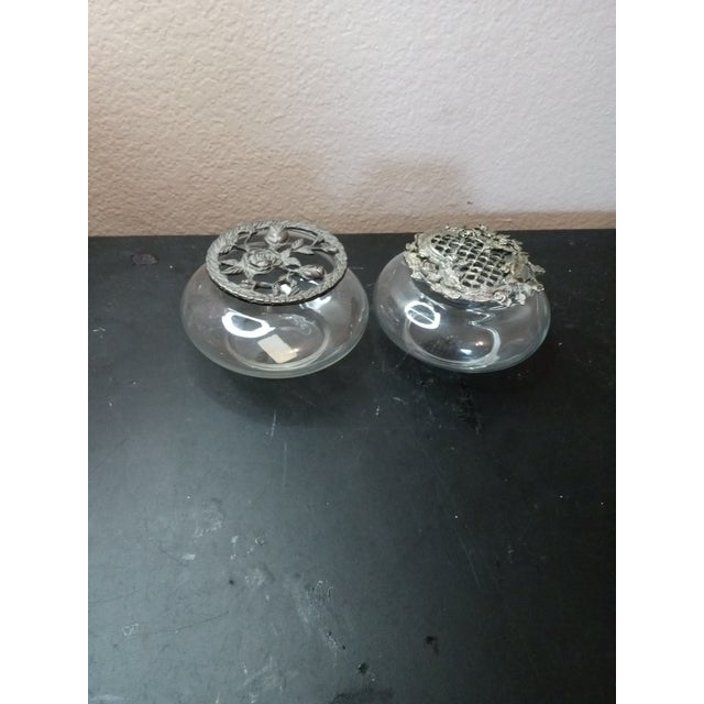 Gorgeous Pair of Potpourri Squat Vases With Filigree Pewter Lids For Sale - Image 4 of 7