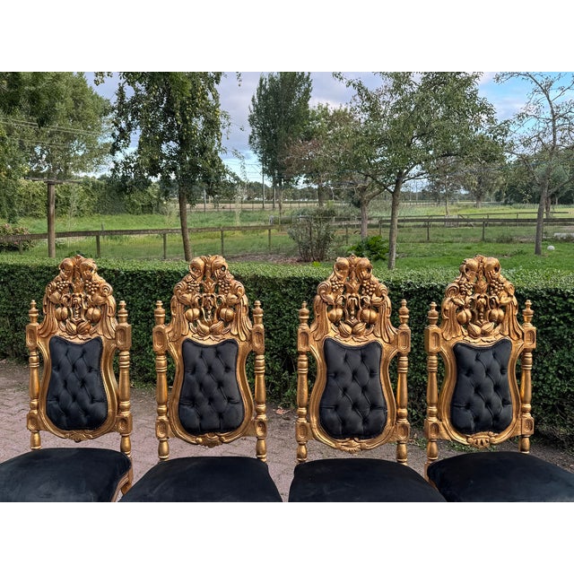 1900 Italian Rococo Gilded Beech Black Velvet Chairs – Set of 8pcs For Sale - Image 13 of 18