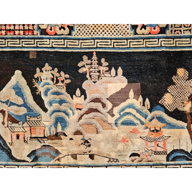 Textile Antique Ningxia Pictorial Rug, Handwoven Wool Pile, Scenic Landscape, Navy & Tan, 4' x 7' For Sale - Image 7 of 14