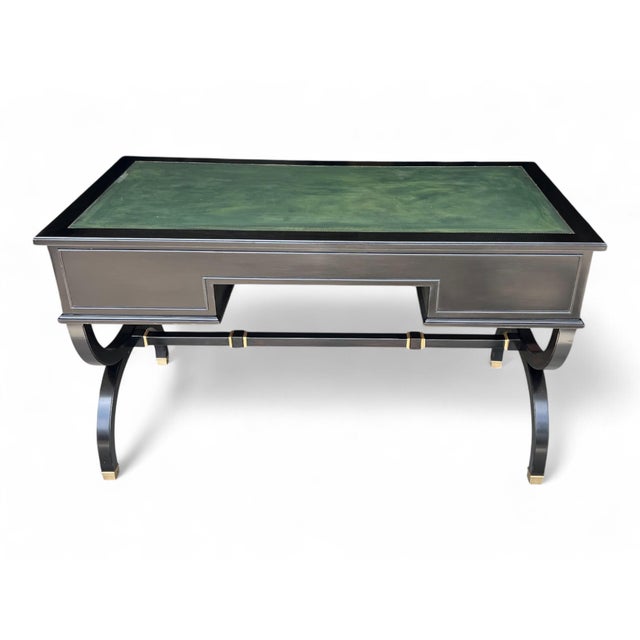 Vintage Hollywood Regency Style Ebonized Desk With Green Leather Top and Brass Details For Sale - Image 12 of 15