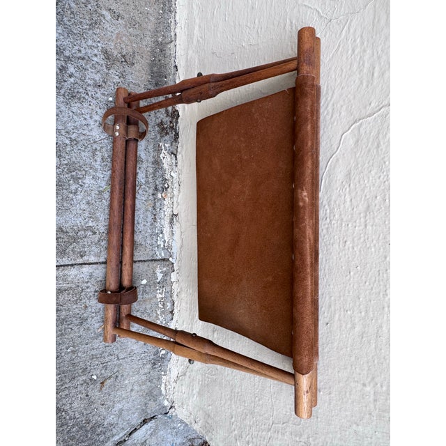 Mid-Century Danish Teak Magazine Rack With Suede Sling, Folding X-Base, Scandinavian Modern, 1960s For Sale - Image 10 of 10