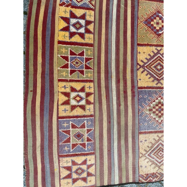 Nice Moroccan rug with geometrical tribal design and light colors, entirely hand knotted at some parts and Kilim woven at...