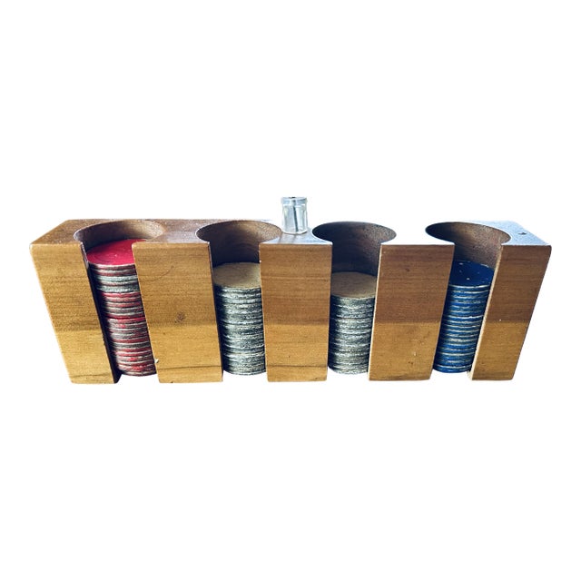 Rare Walnut Poker Chip Caddy With Chips For Sale