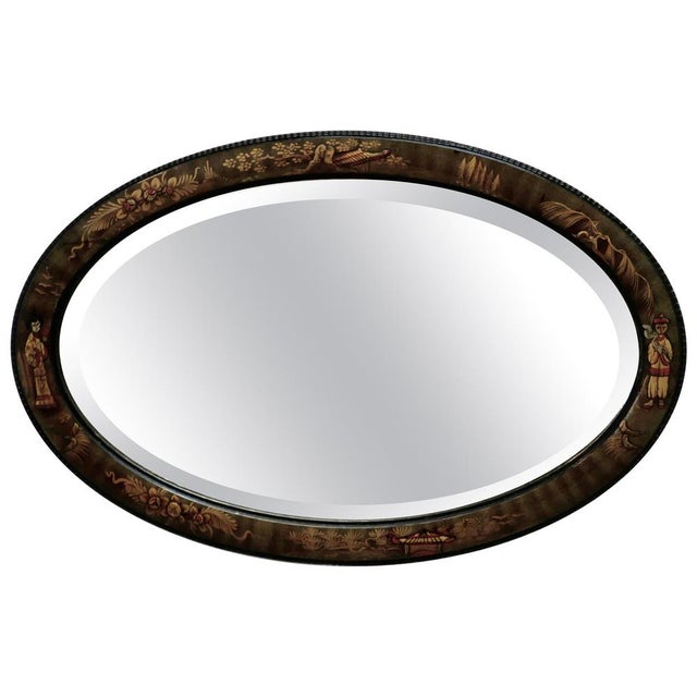 Paint Black Lacquer Chinoiserie Oval Wall Mirror, 1920s For Sale - Image 7 of 7