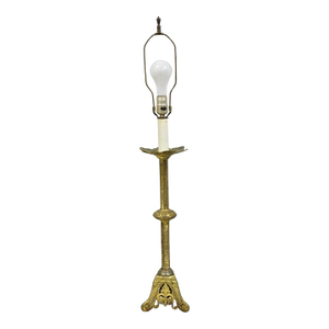 Antique French Renaissance Brass Religious Church Candlestick Table Lamp
