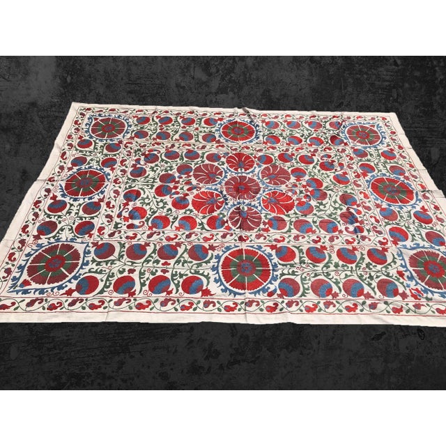 Red and Bue Suzani Bedspread / Tablcloth With Cloves and Pomegranates For Sale - Image 4 of 7